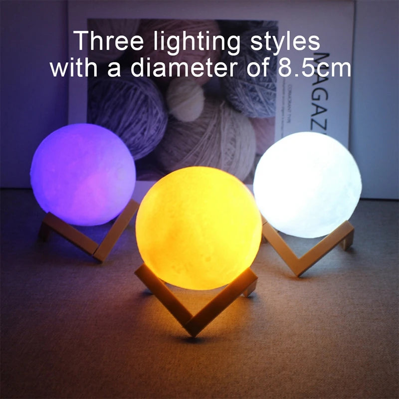 Lâmpada de lua LED de 8 cm, luz noturna alimentada por bateria com suporte, lâmpada estrelada, decoração de quarto, luzes noturnas, presente para crianças, lâmpada de lua