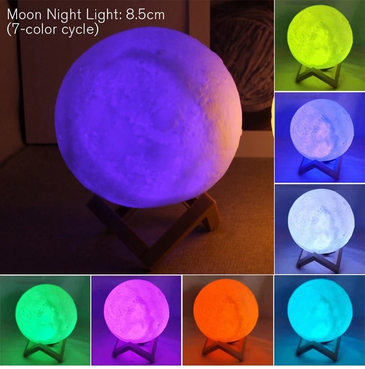 Lâmpada de lua LED de 8 cm, luz noturna alimentada por bateria com suporte, lâmpada estrelada, decoração de quarto, luzes noturnas, presente para crianças, lâmpada de lua