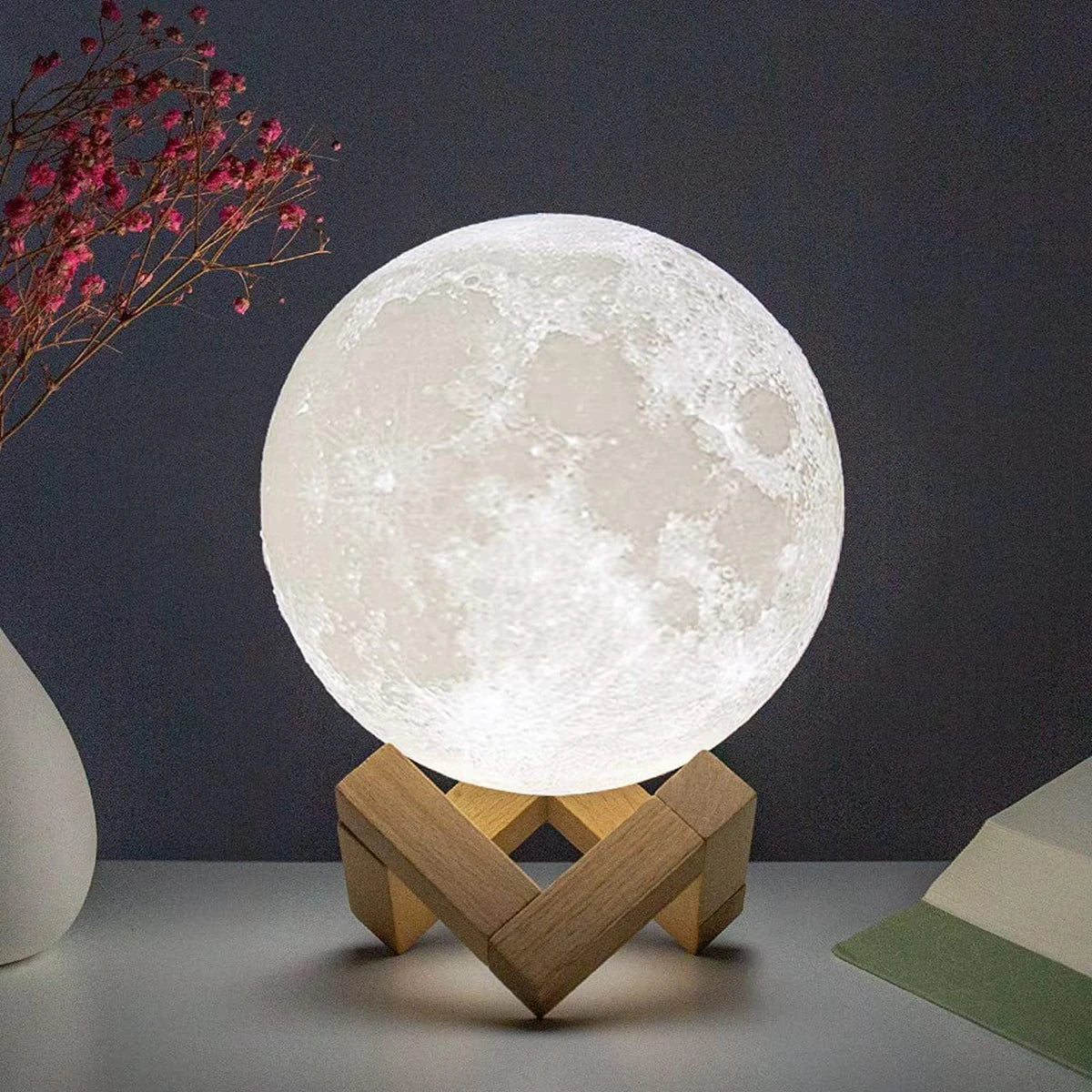 Lâmpada de lua LED de 8 cm, luz noturna alimentada por bateria com suporte, lâmpada estrelada, decoração de quarto, luzes noturnas, presente para crianças, lâmpada de lua
