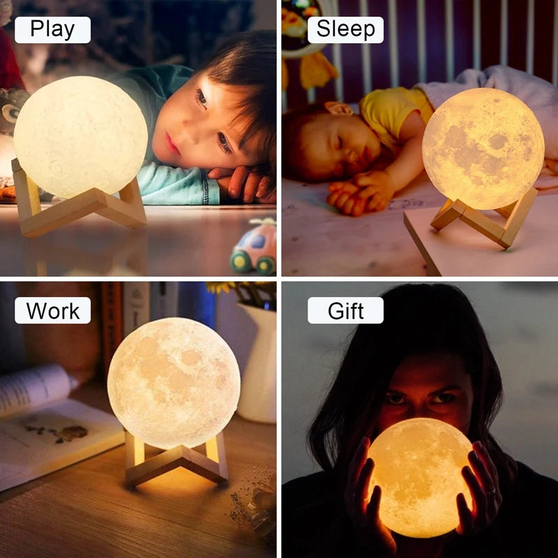 Lâmpada de lua LED de 8 cm, luz noturna alimentada por bateria com suporte, lâmpada estrelada, decoração de quarto, luzes noturnas, presente para crianças, lâmpada de lua
