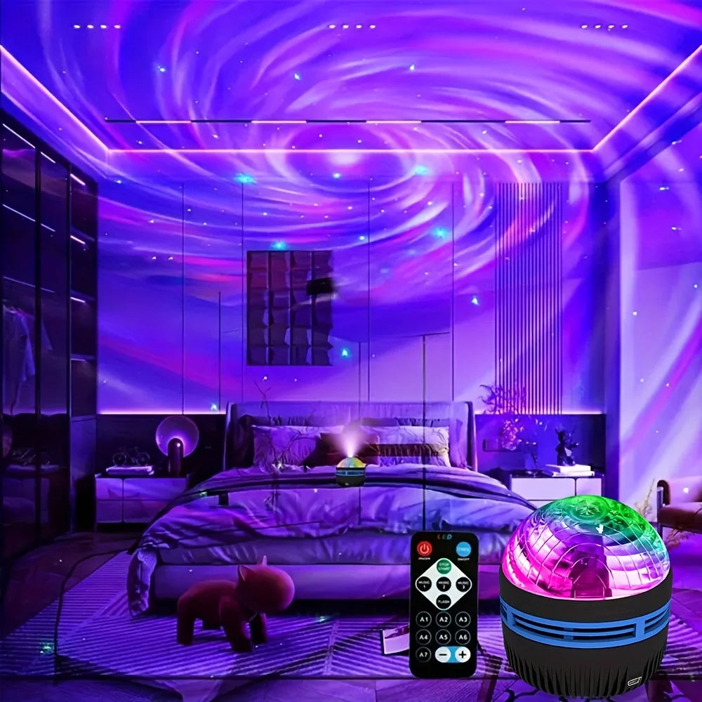 Lâmpada projetora de galáxia com céu estrelado, luz noturna LED com controle remoto, som ativo, carregamento USB de 5 V, 7 modos para decoração de festa de quarto infantil