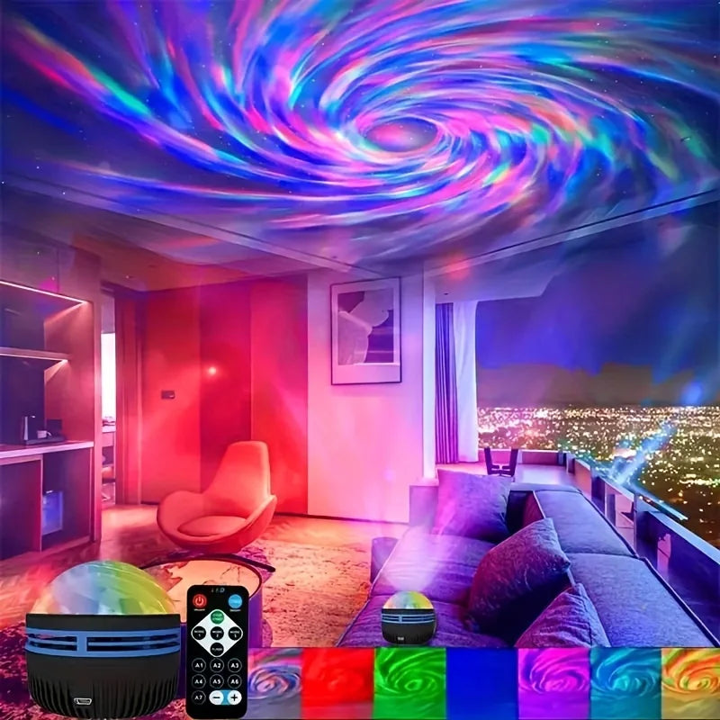 Lâmpada projetora de galáxia com céu estrelado, luz noturna LED com controle remoto, som ativo, carregamento USB de 5 V, 7 modos para decoração de festa de quarto infantil
