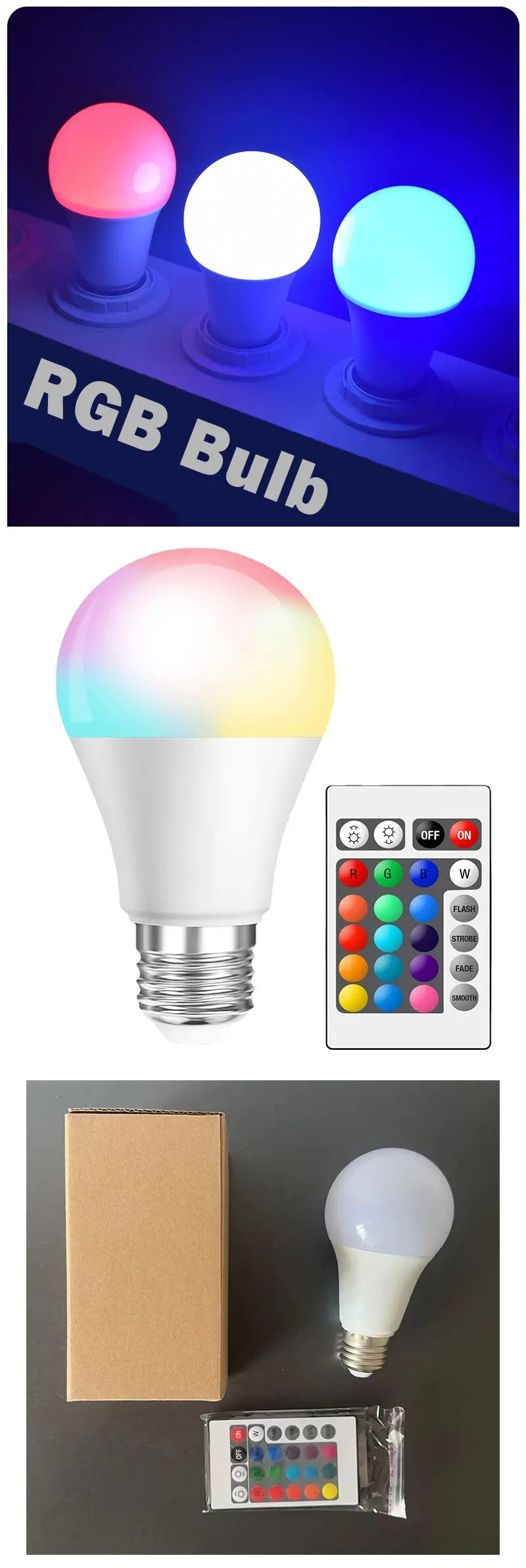 Lâmpada LED multicolorida E27 220V RGB de 16 cores, iluminação doméstica regulável, controle remoto de 24 teclas, lâmpada inteligente, luz ambiente