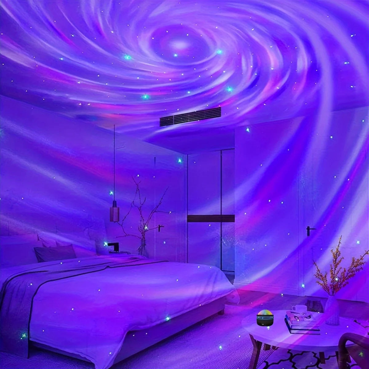 Lâmpada projetora de galáxia com céu estrelado, luz noturna LED com controle remoto, som ativo, carregamento USB de 5 V, 7 modos para decoração de festa de quarto infantil
