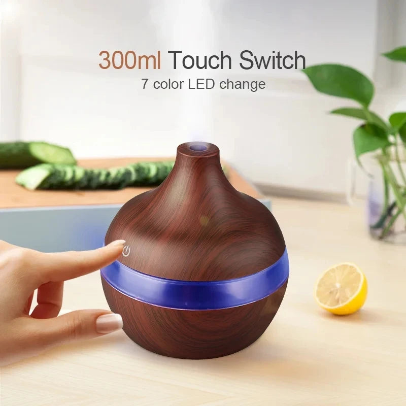 Umidificador elétrico, difusor de aromas de ar, umidificador de ar ultrassônico de madeira, aromaterapia com óleos essenciais, gerador de névoa fria para casa, 300ml