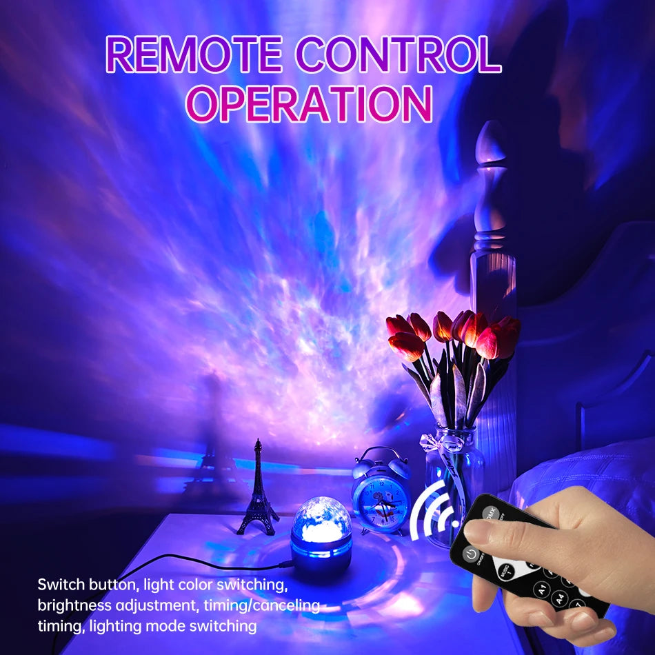 Lâmpada projetora de galáxia com céu estrelado, luz noturna LED com controle remoto, som ativo, carregamento USB de 5 V, 7 modos para decoração de festa de quarto infantil