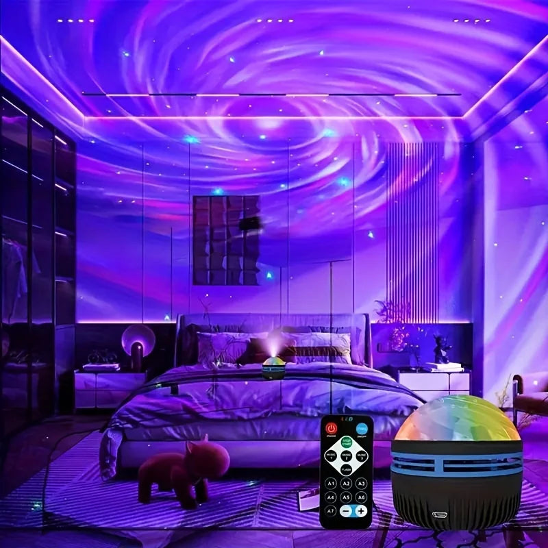 Lâmpada projetora de galáxia com céu estrelado, luz noturna LED com controle remoto, som ativo, carregamento USB de 5 V, 7 modos para decoração de festa de quarto infantil