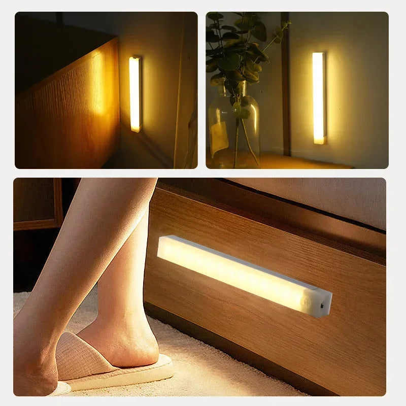 Luz noturna com sensor de movimento LED, recarregável, de indução, portátil, sem fio, magnética, para armário, cozinha, sala de cabeceira
