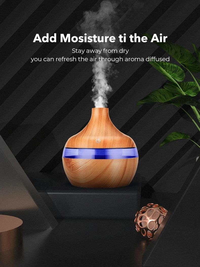 Umidificador elétrico, difusor de aromas de ar, umidificador de ar ultrassônico de madeira, aromaterapia com óleos essenciais, gerador de névoa fria para casa, 300ml