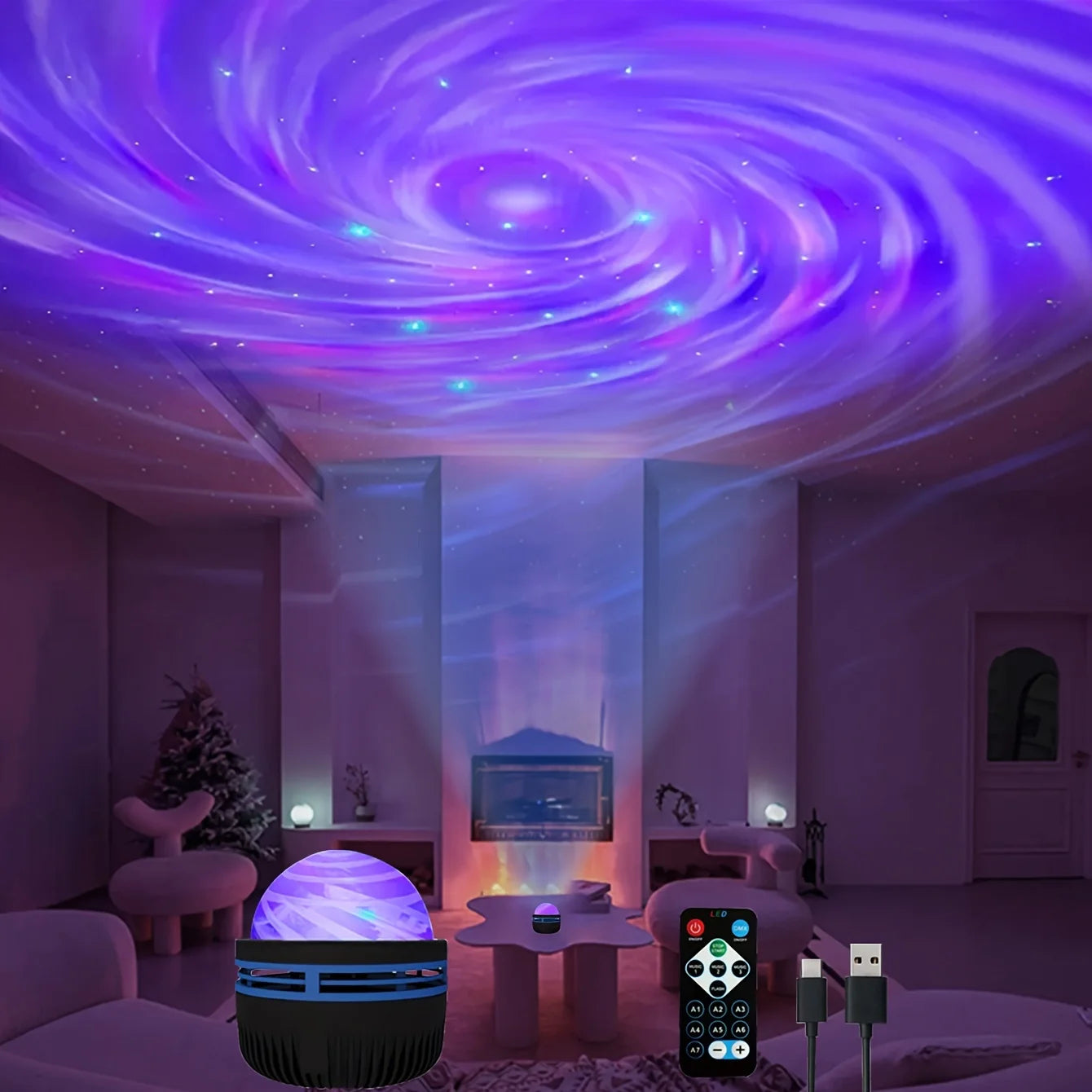 Lâmpada projetora de galáxia com céu estrelado, luz noturna LED com controle remoto, som ativo, carregamento USB de 5 V, 7 modos para decoração de festa de quarto infantil