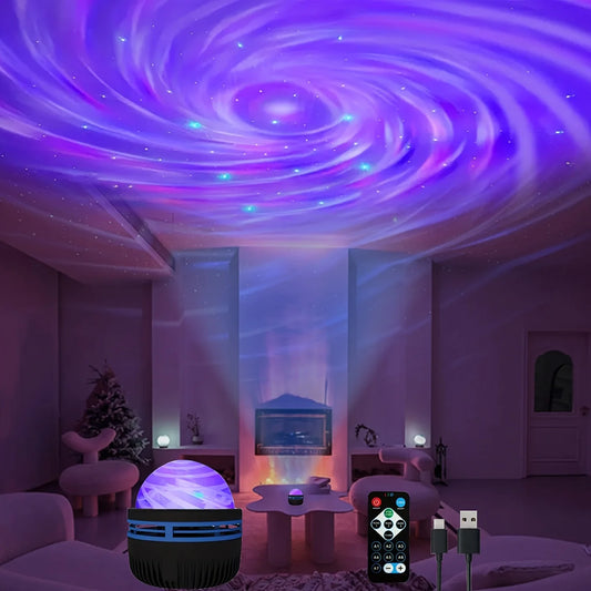 Lâmpada projetora de galáxia com céu estrelado, luz noturna LED com controle remoto, som ativo, carregamento USB de 5 V, 7 modos para decoração de festa de quarto infantil