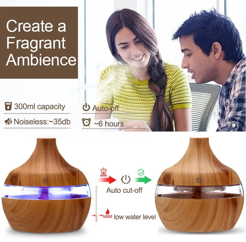 Umidificador elétrico, difusor de aromas de ar, umidificador de ar ultrassônico de madeira, aromaterapia com óleos essenciais, gerador de névoa fria para casa, 300ml