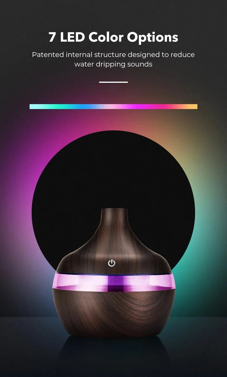 Umidificador elétrico, difusor de aromas de ar, umidificador de ar ultrassônico de madeira, aromaterapia com óleos essenciais, gerador de névoa fria para casa, 300ml