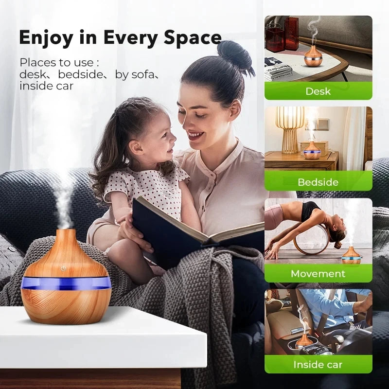 Umidificador elétrico, difusor de aromas de ar, umidificador de ar ultrassônico de madeira, aromaterapia com óleos essenciais, gerador de névoa fria para casa, 300ml