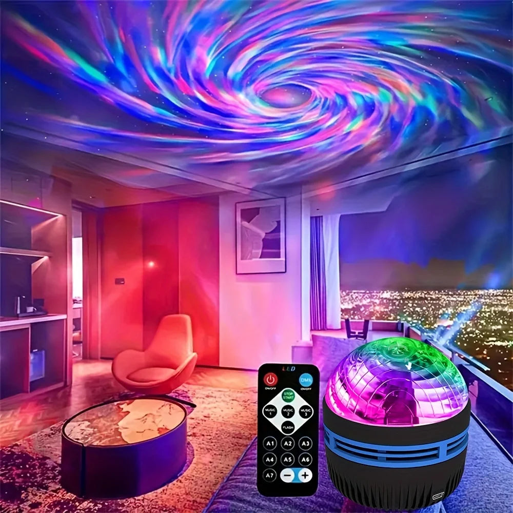 Lâmpada projetora de galáxia com céu estrelado, luz noturna LED com controle remoto, som ativo, carregamento USB de 5 V, 7 modos para decoração de festa de quarto infantil