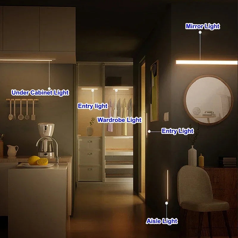 Luz noturna com sensor de movimento LED, recarregável, de indução, portátil, sem fio, magnética, para armário, cozinha, sala de cabeceira