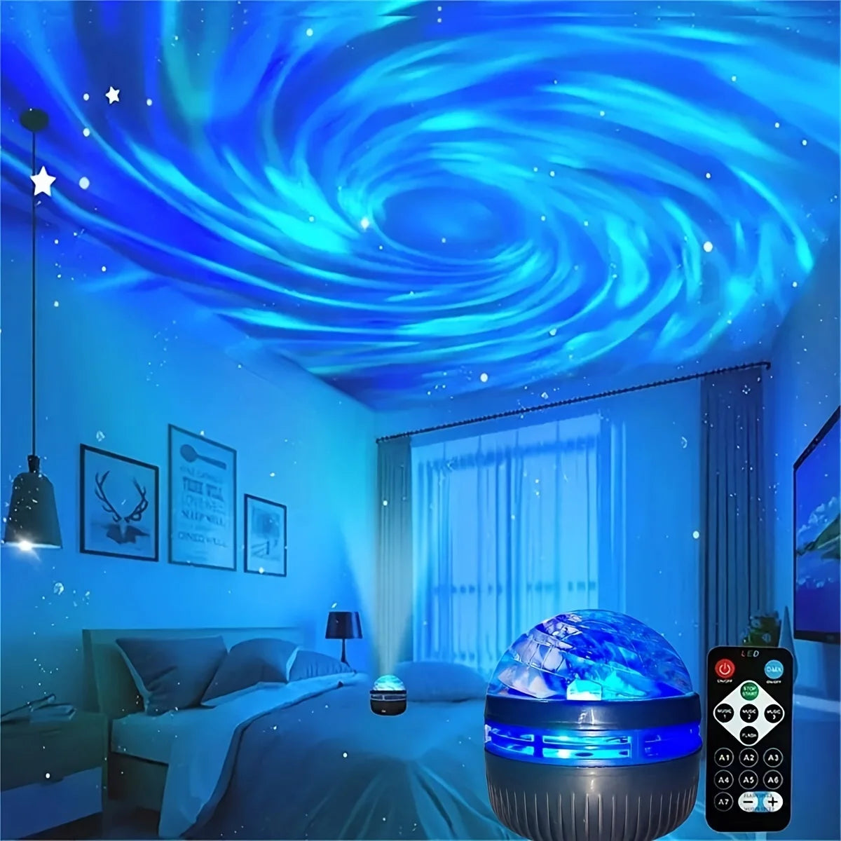 Lâmpada projetora de galáxia com céu estrelado, luz noturna LED com controle remoto, som ativo, carregamento USB de 5 V, 7 modos para decoração de festa de quarto infantil