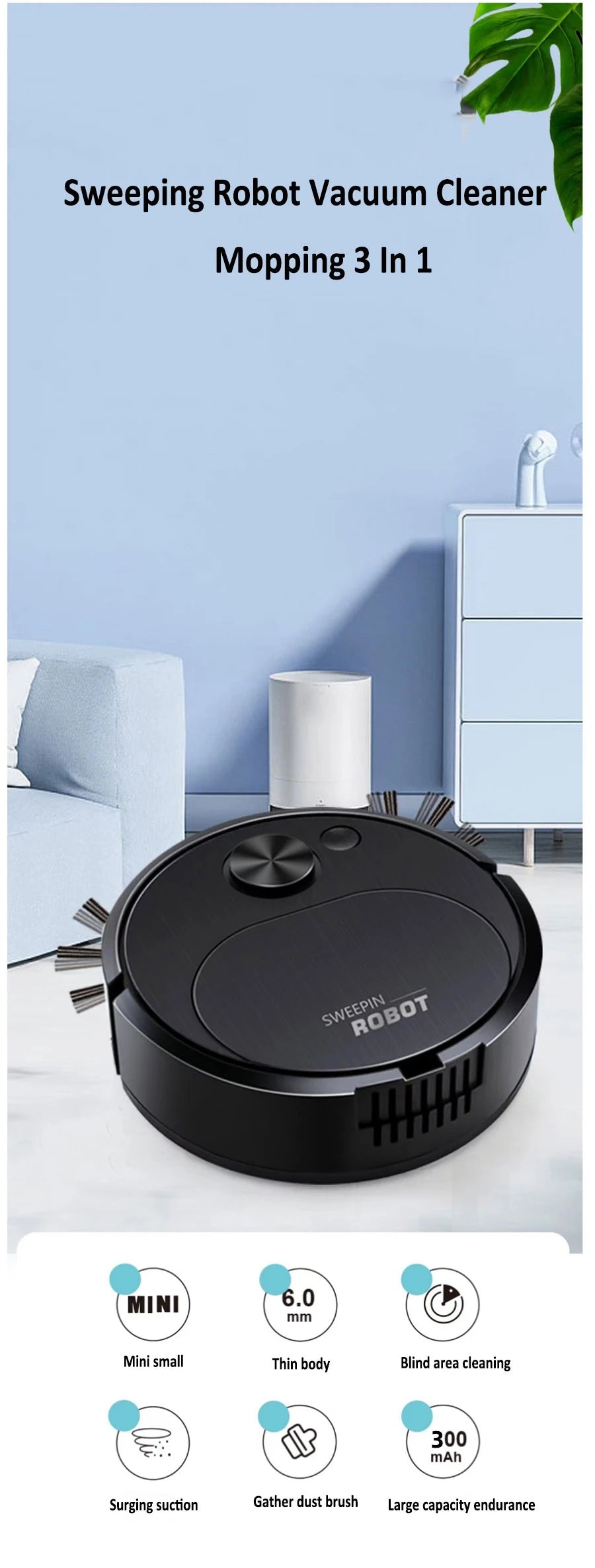 NOVO Aspirador de pó robô USB 3 em 1, inteligente, sem fio, 1500Pa, limpeza e varredura de piso para escritório doméstico