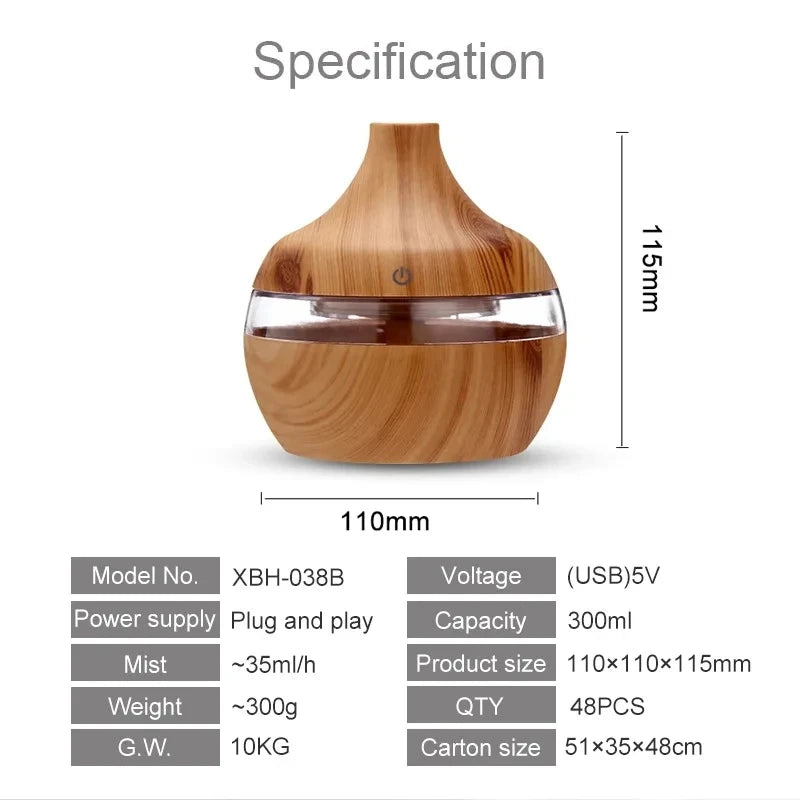 Umidificador elétrico, difusor de aromas de ar, umidificador de ar ultrassônico de madeira, aromaterapia com óleos essenciais, gerador de névoa fria para casa, 300ml