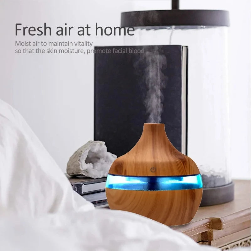 Umidificador elétrico, difusor de aromas de ar, umidificador de ar ultrassônico de madeira, aromaterapia com óleos essenciais, gerador de névoa fria para casa, 300ml