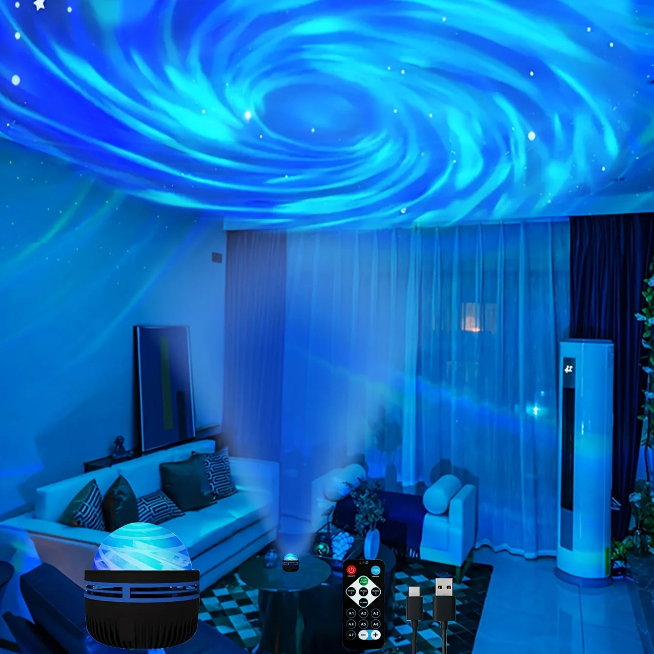 Lâmpada projetora de galáxia com céu estrelado, luz noturna LED com controle remoto, som ativo, carregamento USB de 5 V, 7 modos para decoração de festa de quarto infantil