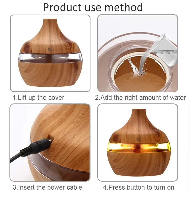 Umidificador elétrico, difusor de aromas de ar, umidificador de ar ultrassônico de madeira, aromaterapia com óleos essenciais, gerador de névoa fria para casa, 300ml