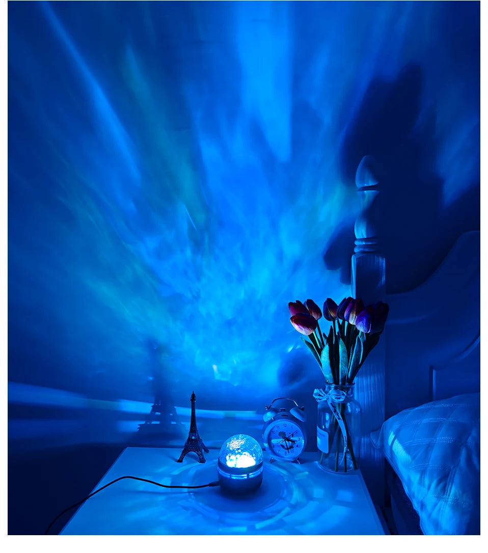 Lâmpada projetora de galáxia com céu estrelado, luz noturna LED com controle remoto, som ativo, carregamento USB de 5 V, 7 modos para decoração de festa de quarto infantil