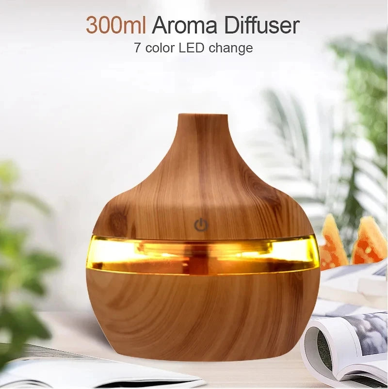 Umidificador elétrico, difusor de aromas de ar, umidificador de ar ultrassônico de madeira, aromaterapia com óleos essenciais, gerador de névoa fria para casa, 300ml