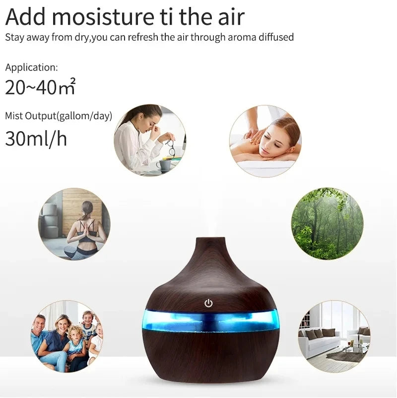 Umidificador elétrico, difusor de aromas de ar, umidificador de ar ultrassônico de madeira, aromaterapia com óleos essenciais, gerador de névoa fria para casa, 300ml