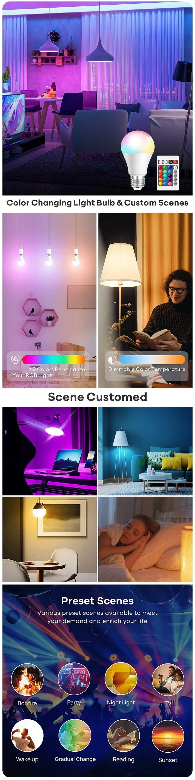 Lâmpada LED multicolorida E27 220V RGB de 16 cores, iluminação doméstica regulável, controle remoto de 24 teclas, lâmpada inteligente, luz ambiente