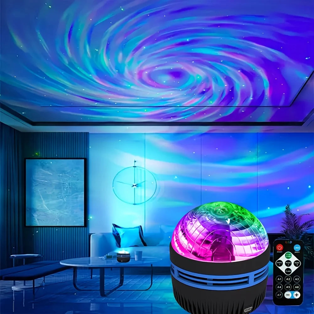 Lâmpada projetora de galáxia com céu estrelado, luz noturna LED com controle remoto, som ativo, carregamento USB de 5 V, 7 modos para decoração de festa de quarto infantil
