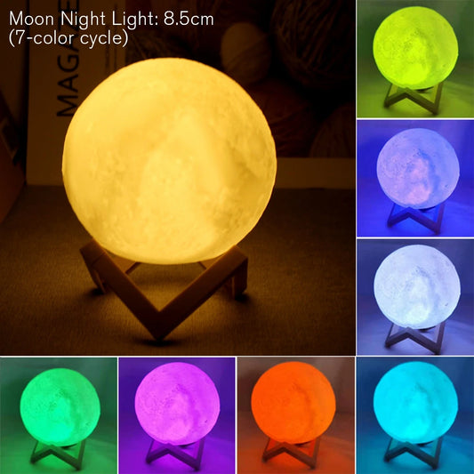 Lâmpada de lua LED de 8 cm, luz noturna alimentada por bateria com suporte, lâmpada estrelada, decoração de quarto, luzes noturnas, presente para crianças, lâmpada de lua